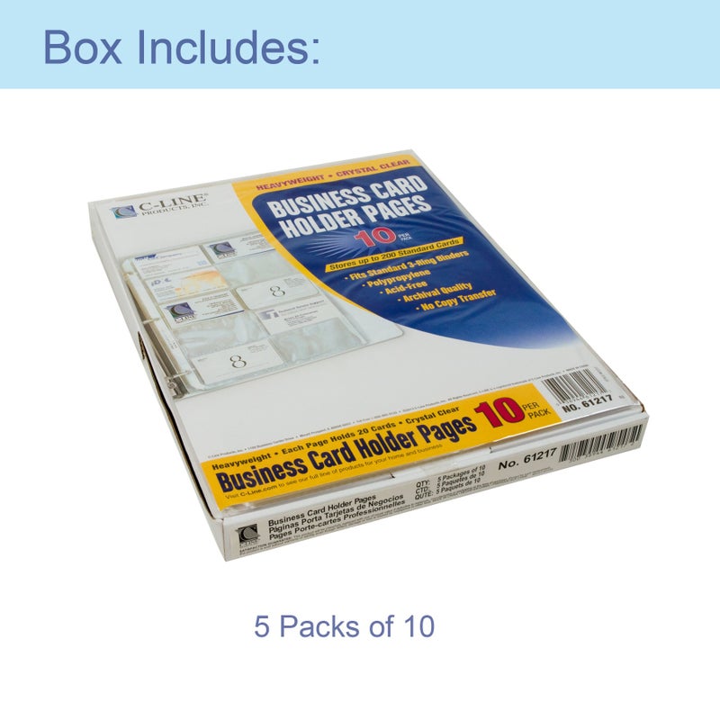 C-Line Business Card Holder Pages, Poly Without Tabs, 20 Cards/Page, 11 x 9 Inches, 5 Packs of 10 (61217-5) - Image 2